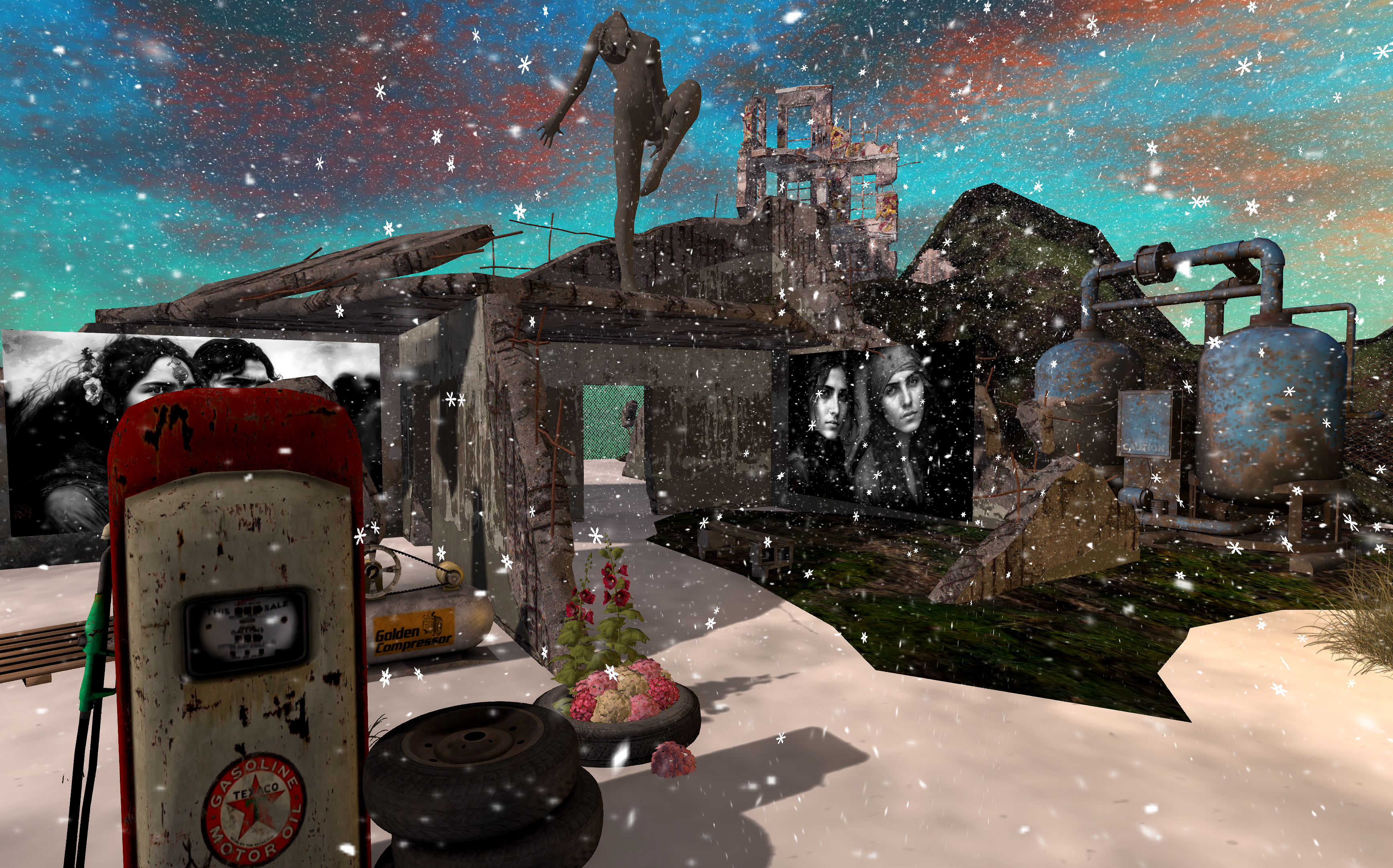 Dystopian virtual landscape featuring the photographic work of Lalie Sorbet in Secondlife