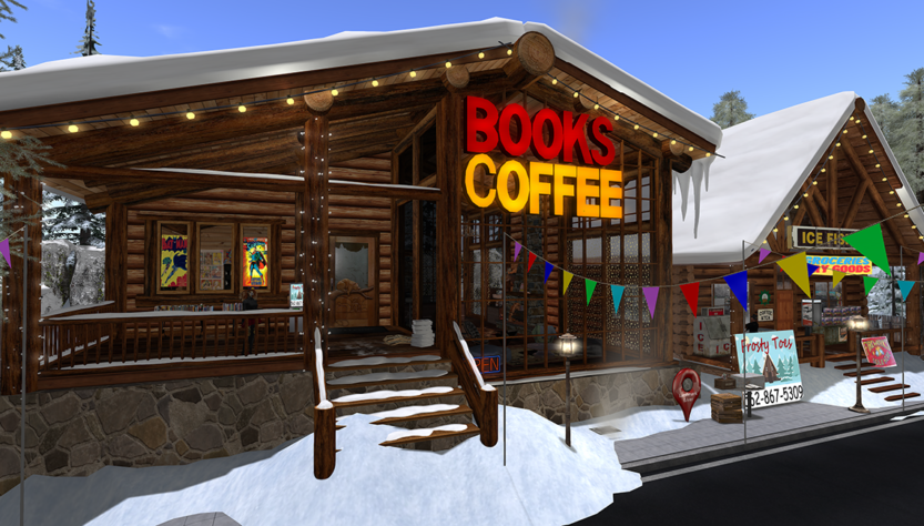 Photo of the entrance to the Frosty Toes Book and Coffee Shop in Secondlife