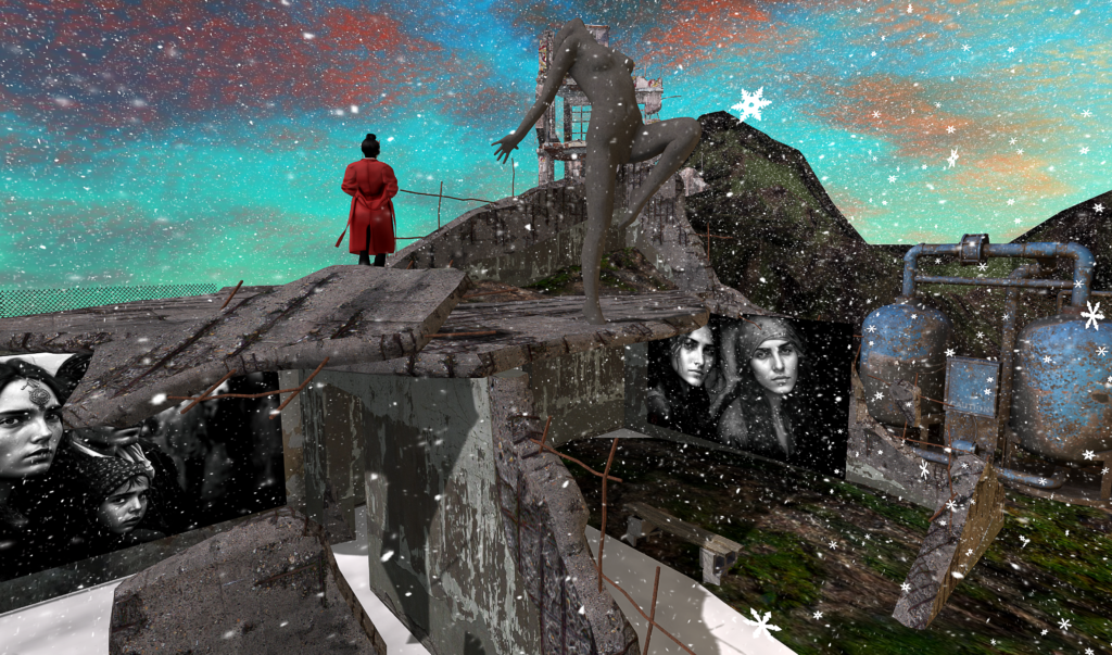 Photo of virtual dystopian landscape featuring photography of indigenous peoples from real life, by Lalie Sorbet.