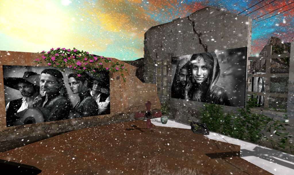 Photo of virtual dystopian landscape featuring photography of indigenous peoples from real life, by Lalie Sorbet.