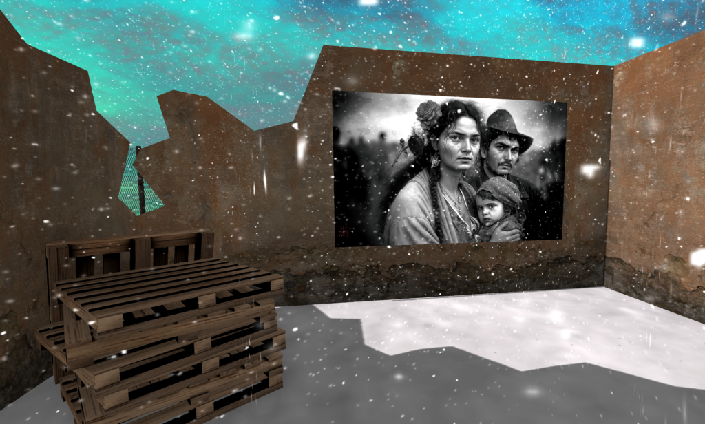 Photo of virtual dystopian landscape featuring photography of indigenous peoples from real life, by Lalie Sorbet.