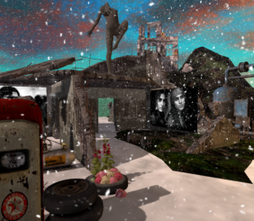 Dystopian virtual landscape featuring the photographic work of Lalie Sorbet in Secondlife