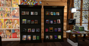 Photo of the books available in the Frosty Toes Book and Coffee Shop in Secondlife