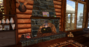Photo of the toasty fireplace in the Frosty Toes Book and Coffee Shop in Secondlife