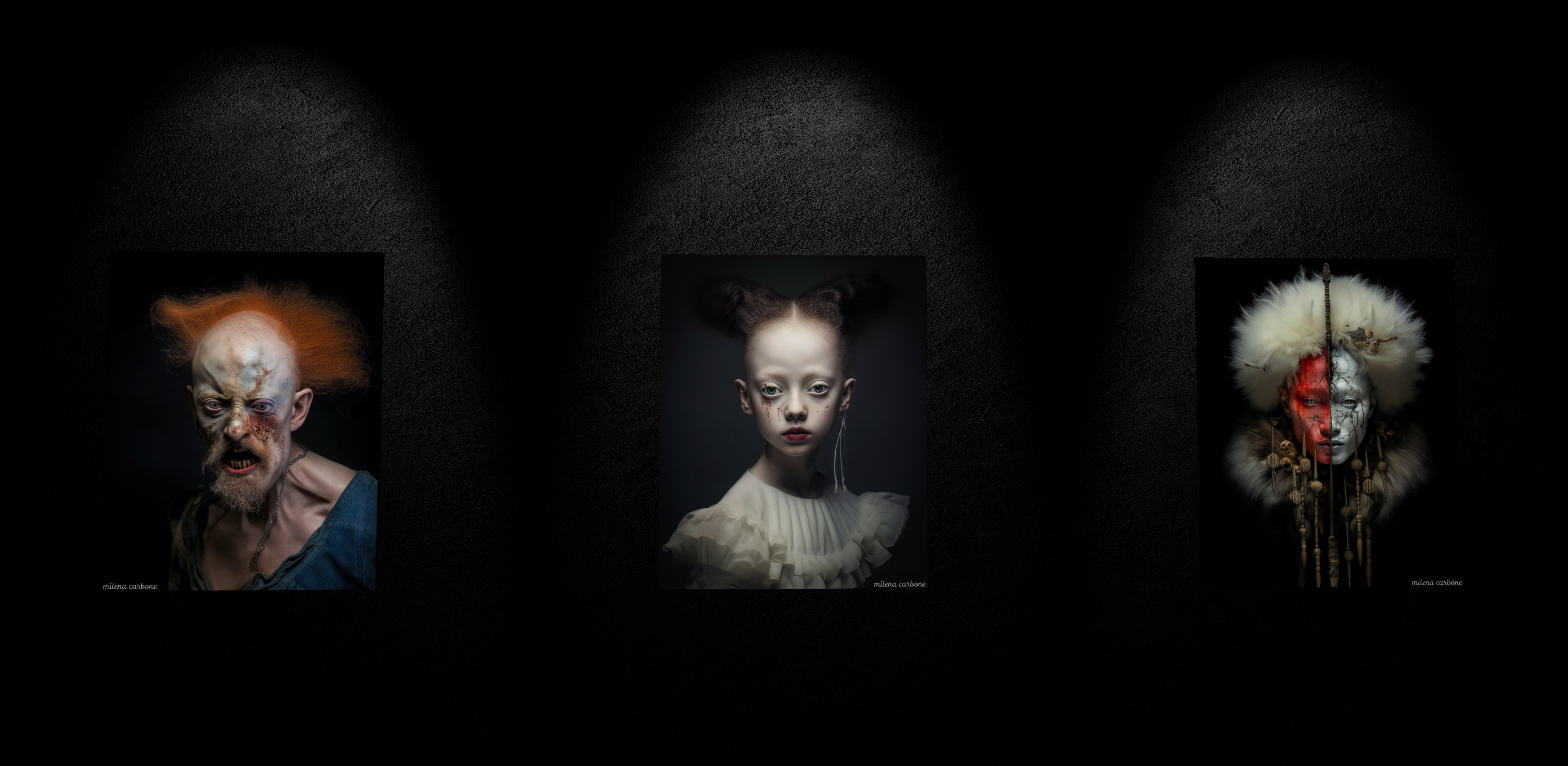 Three portraits of people on a black textured wall