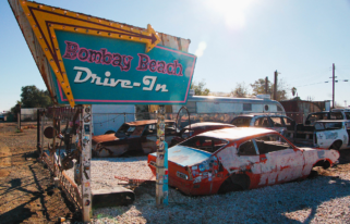 Bombay Beach art installation piece of a drive-in. Bombay Beach California