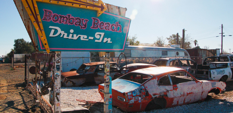 Bombay Beach art installation piece of a drive-in. Bombay Beach California