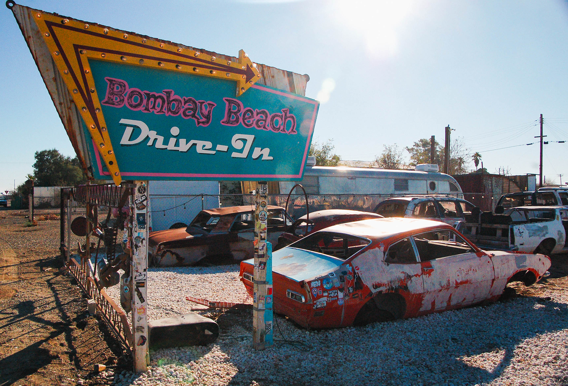 Bombay Beach art installation piece of a drive-in. Bombay Beach California